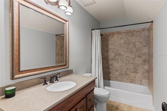 bathroom with toilet, vanity, and shower / bathtub combination with curtain