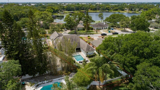 drone / aerial view with a water view