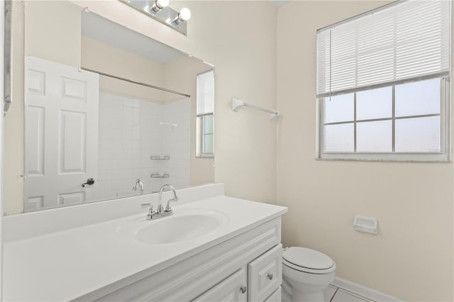 bathroom with plenty of natural light, walk in shower, vanity, and toilet