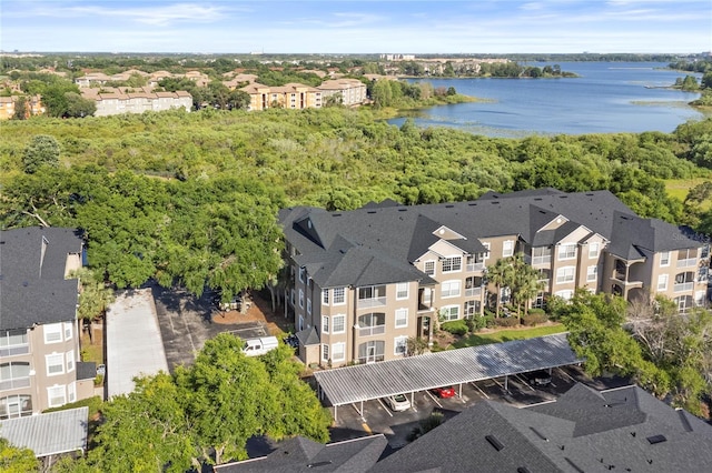 bird's eye view with a water view