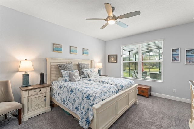 bedroom featuring ceiling fan, baseboards, and carpet flooring
