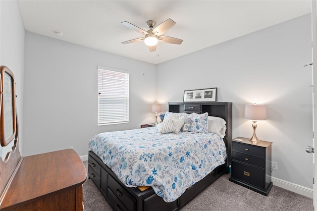 bedroom featuring carpet flooring, baseboards, and ceiling fan