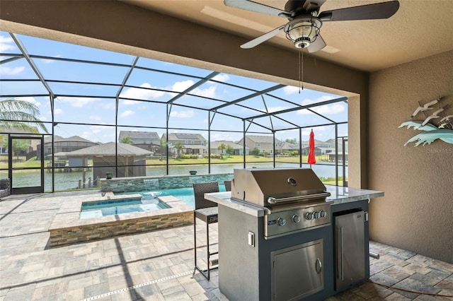 view of patio with a residential view, a lanai, and area for grilling