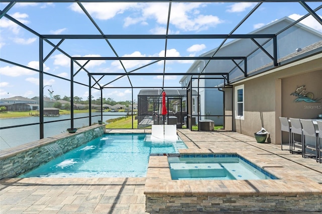 view of swimming pool featuring glass enclosure, a water view, central air condition unit, a patio area, and a pool with connected hot tub