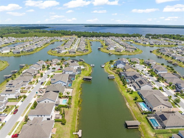 bird's eye view featuring a residential view and a water view