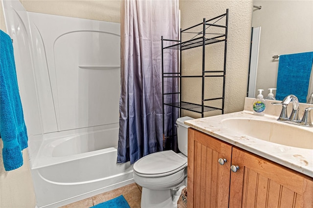 141 Campanello Ct, Daytona Beach, FL 32117 - bathroom featuring a textured wall, toilet, vanity, shower / tub combo with curtain, and tile patterned floors