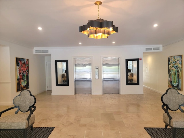 hallway featuring recessed lighting, visible vents, and ornamental molding
