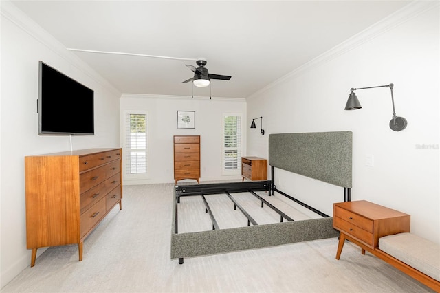 bedroom featuring light carpet and ornamental molding