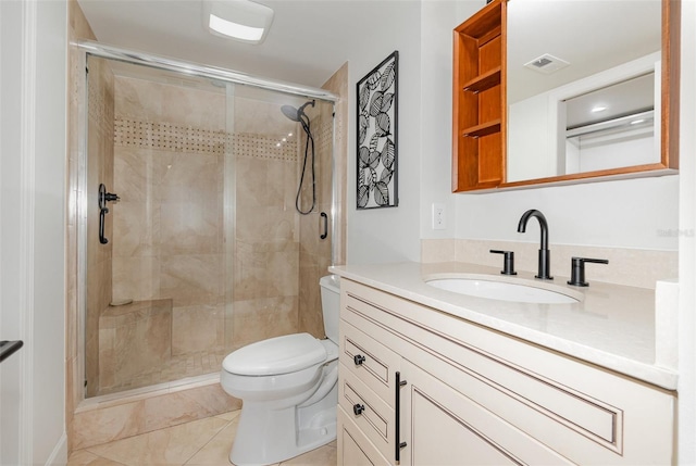 bathroom with a shower stall, visible vents, toilet, and vanity