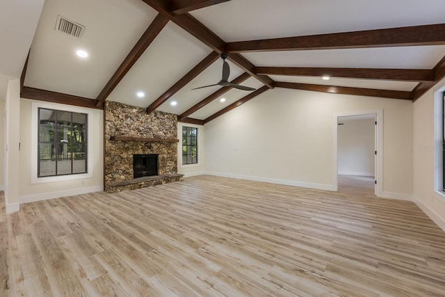 unfurnished living room featuring light wood-style flooring, visible vents, a ceiling fan, and lofted ceiling with beams