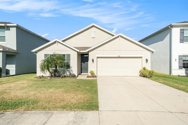 single story home featuring a garage, stucco siding, a front yard, and concrete driveway