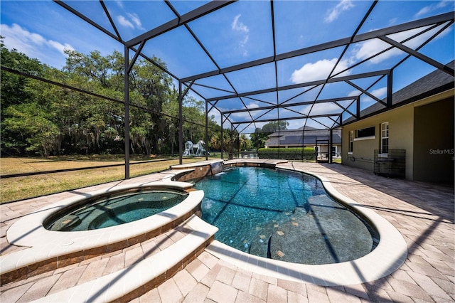 878 Cardinal Pointe Cv, Sanford, FL 32771 - view of swimming pool featuring a patio, glass enclosure, and a pool with connected hot tub