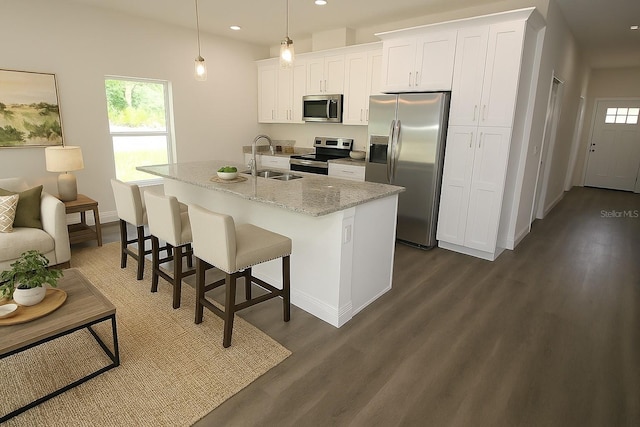 8990 Glenarm Way, Weeki Wachee, FL 34613 - kitchen with appliances with stainless steel finishes, recessed lighting, dark wood-type flooring, white cabinets, and a breakfast bar area