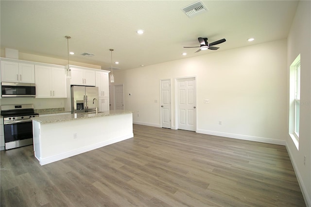 8990 Glenarm Way, Weeki Wachee, FL 34613 - kitchen featuring stainless steel appliances, recessed lighting, an island with sink, a sink, and wood finished floors