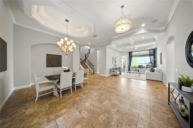 7624 Pointe Venezia Dr, Orlando, FL 32836 - dining area featuring stairway, a raised ceiling, ornamental molding, a chandelier, and recessed lighting