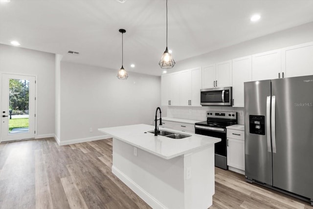 3851 W Wilburton Dr, Citrus Springs, FL 34433 - kitchen featuring a sink, stainless steel appliances, light wood-type flooring, tasteful backsplash, and light countertops