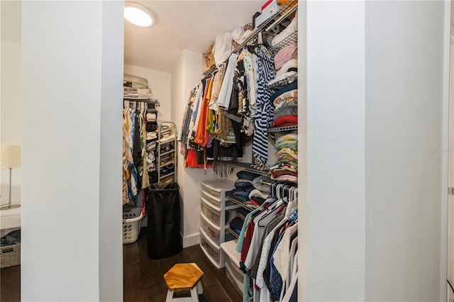 walk in closet with wood finished floors