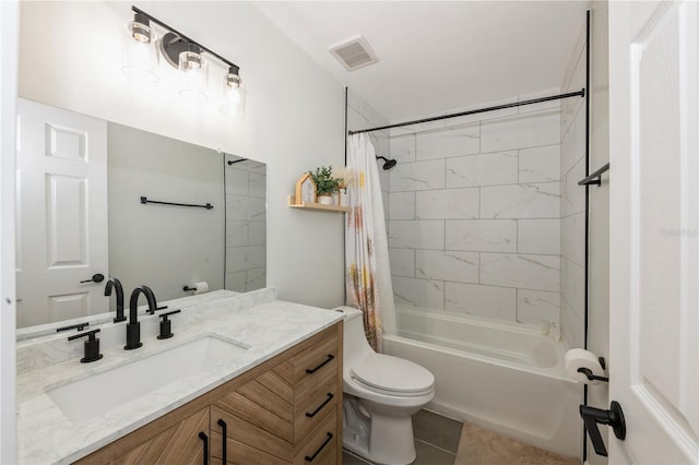 bathroom with visible vents, toilet, tile patterned floors, shower / bathtub combination with curtain, and vanity