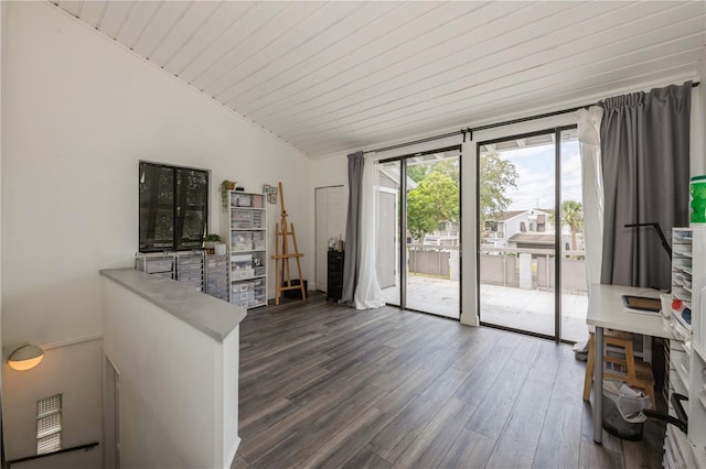 living area featuring wooden ceiling, dark wood-style flooring, and vaulted ceiling