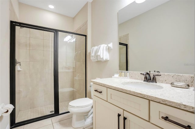 full bath with tile patterned floors, a shower stall, and toilet