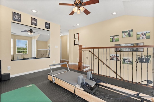 955 Seminole St, Clermont, FL 34711 - workout room featuring ceiling fan, carpet, recessed lighting, baseboards, and lofted ceiling