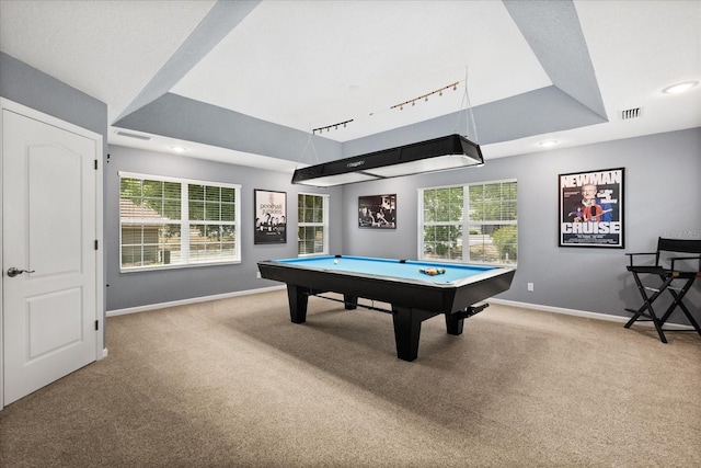 955 Seminole St, Clermont, FL 34711 - recreation room with carpet floors, baseboards, billiards, a tray ceiling, and visible vents