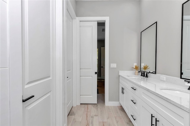 6725 SW 131st Cir, Ocala, FL 34481 - bathroom with a sink, baseboards, double vanity, and wood finished floors