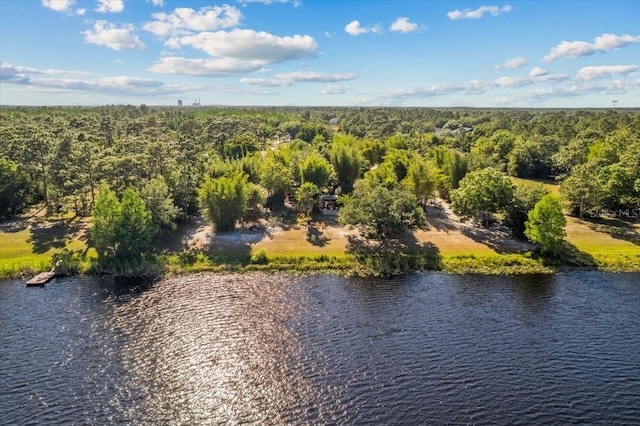 drone / aerial view featuring a water view and a forest view