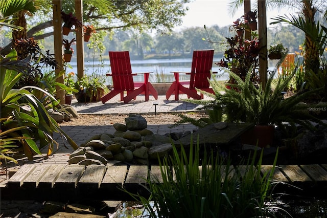 exterior space with a water view