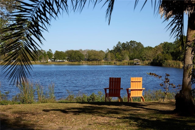 property view of water featuring a boat dock and a forest view