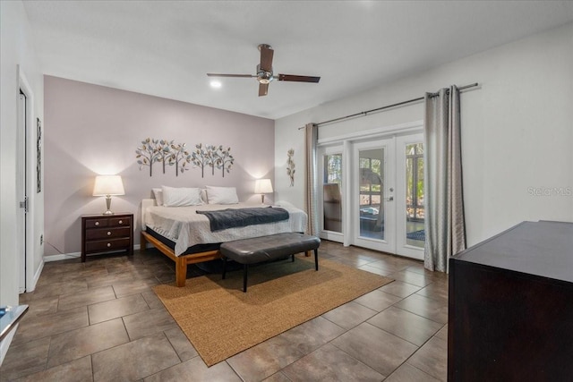 tiled bedroom with access to exterior, a ceiling fan, french doors, and baseboards