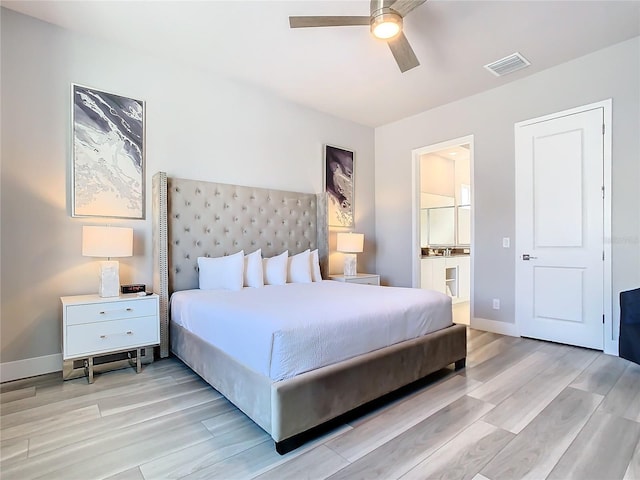 7770 Sandy Ridge Dr Unit 139, Reunion, FL 34747 - bedroom with light wood finished floors, baseboards, visible vents, ceiling fan, and connected bathroom