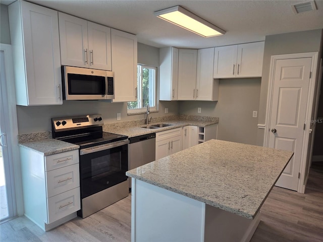 kitchen featuring white cabinets, visible vents, a sink, light wood-type flooring, and appliances with stainless steel finishes