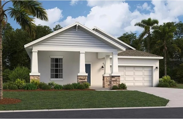 view of front facade featuring an attached garage, stucco siding, a front yard, and concrete driveway