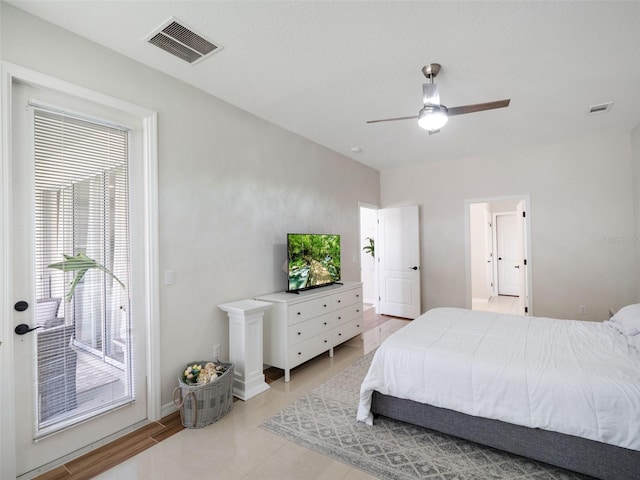 bedroom with baseboards, a ceiling fan, visible vents, and access to outside