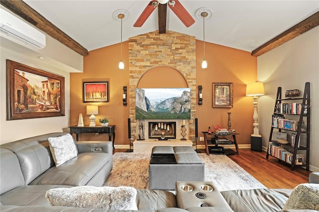14037 Fairway Willow Ln, Winter Garden, FL 34787 - living room with a wall mounted AC, ceiling fan, and wood finished floors