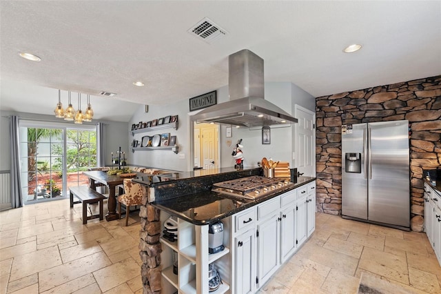 14037 Fairway Willow Ln, Winter Garden, FL 34787 - kitchen with appliances with stainless steel finishes, wall chimney range hood, open shelves, stone tile flooring, and recessed lighting