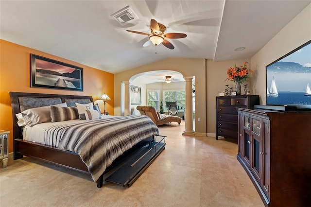 14037 Fairway Willow Ln, Winter Garden, FL 34787 - bedroom with decorative columns, arched walkways, lofted ceiling, and a ceiling fan