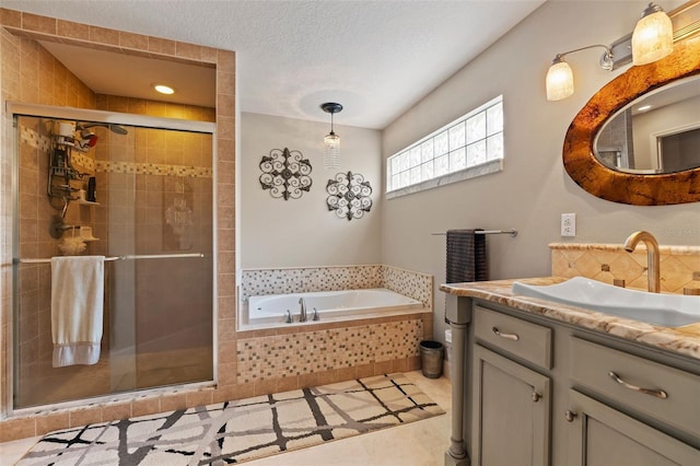 14037 Fairway Willow Ln, Winter Garden, FL 34787 - full bath featuring vanity, a shower stall, a garden tub, decorative backsplash, and tile patterned flooring