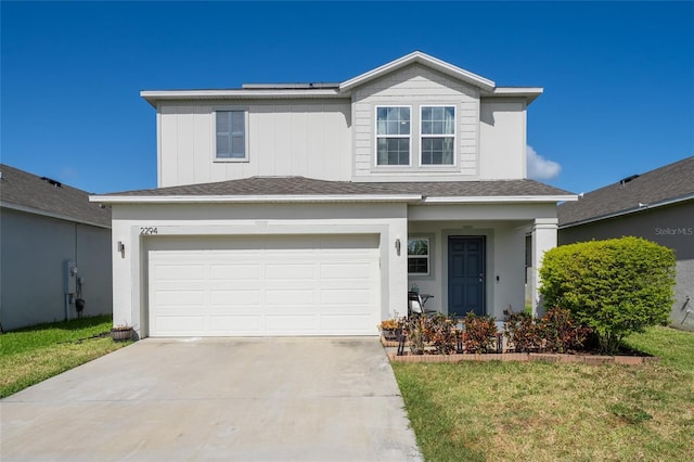 traditional-style house featuring a garage, roof mounted solar panels, a front yard, and concrete driveway