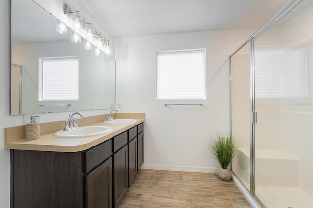 bathroom with a shower stall, a healthy amount of sunlight, and a sink