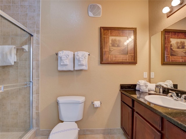 bathroom with vanity, tile patterned floors, toilet, and a shower stall