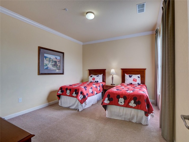 carpeted bedroom featuring baseboards, visible vents, and ornamental molding