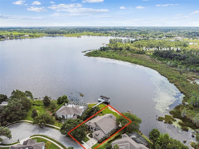 aerial view featuring a water view
