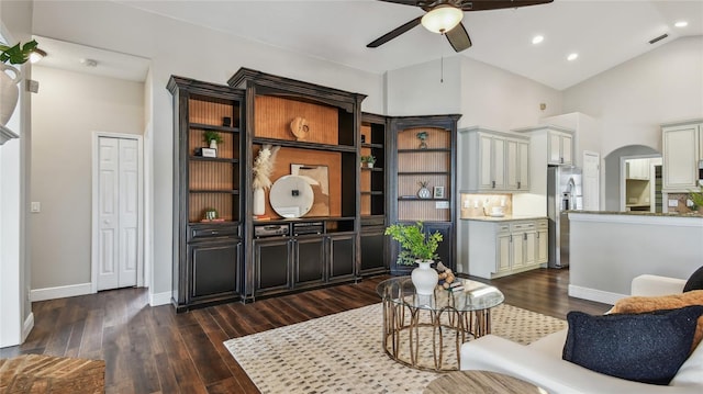 living room featuring visible vents, recessed lighting, dark wood finished floors, ceiling fan, and baseboards