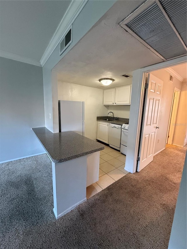 131 Water Front Way Unit 110, Altamonte Springs, FL 32701 - kitchen with dark countertops, light colored carpet, a sink, white appliances, and ornamental molding