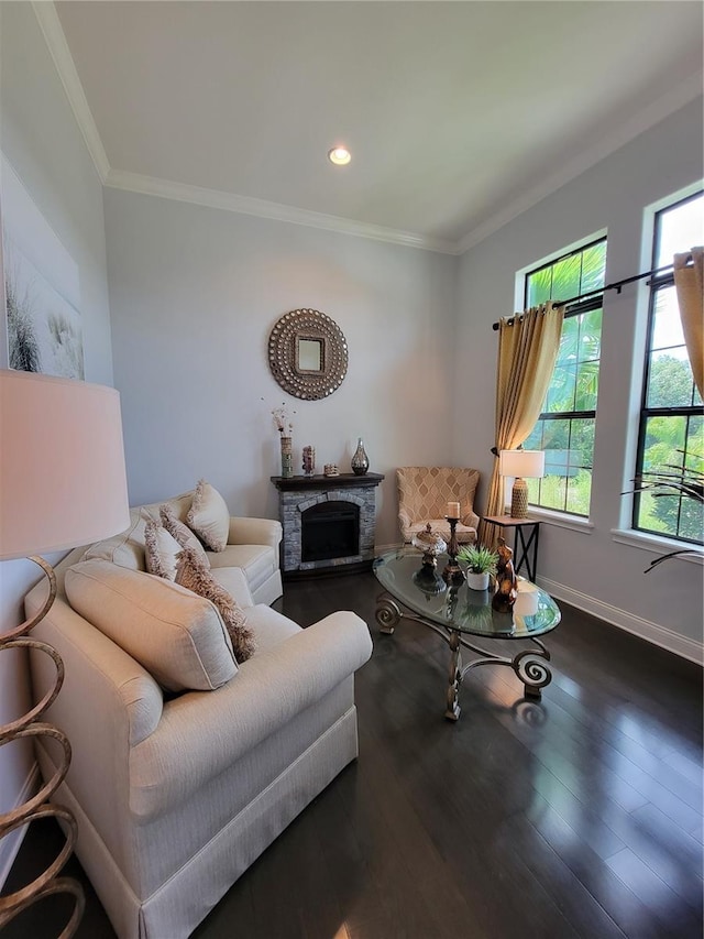 603 Sanctuary Golf Pl, Apopka, FL 32712 - living area with plenty of natural light, a stone fireplace, and crown molding