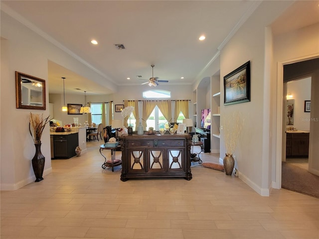 603 Sanctuary Golf Pl, Apopka, FL 32712 - living room featuring a ceiling fan, visible vents, recessed lighting, and crown molding