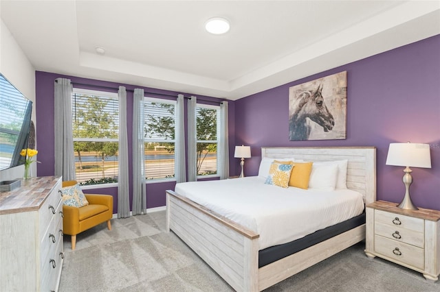 bedroom featuring light colored carpet and a tray ceiling