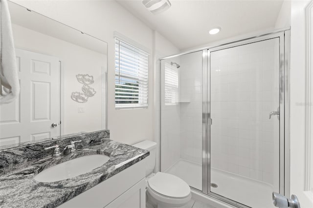 full bathroom with vanity, recessed lighting, toilet, and a shower stall